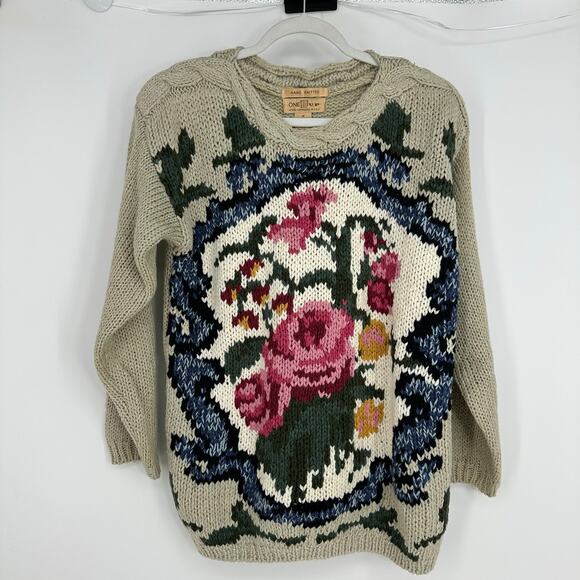 Vintage One Step Up Womens Chunky Sweater Size M Hand Knit Floral Graphic Boho - Picture 2 of 9